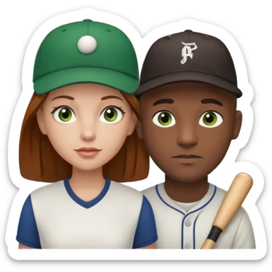 Black bald guy baseball cap  white girl brown hair green eyes sticker