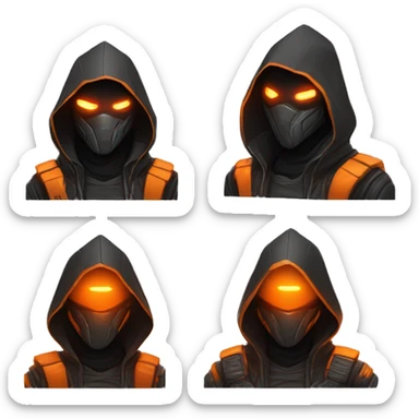 developer behind his laptop with this style : crysis Cyberpunk Valorant orange glowing bright orange character orange black hooded assassin themed character sticker
