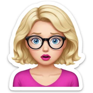 Blonde woman with short wavy hair, blue eyes and pink lips wearing black glasses looking very shocked sticker