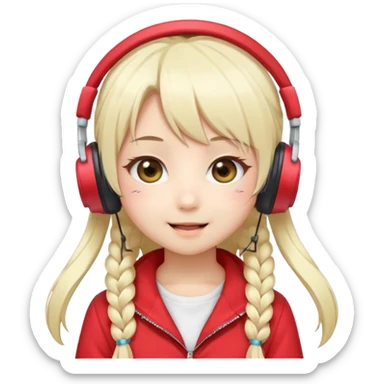 Cute kawaii emoji-style Japanese K-pop singer girl, long platinum blonde hair in twin tails, red outfit, headset mic on cheek, Japanese K-pop idol vibes, big sparkling eyes, chibi proportions, clean lineart, pastel colors, cheerful idol smile, sticker/emoji style, transparent background sticker