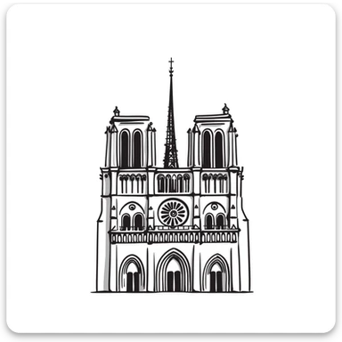 Notre Dame Cathedral in Paris with detailed Gothic architecture, spire, and rose window sticker