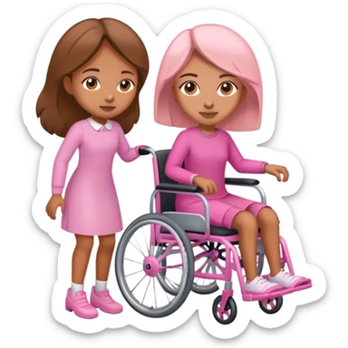 One tan skin sister pushing her light brown skin sister in a pink wheelchair sticker