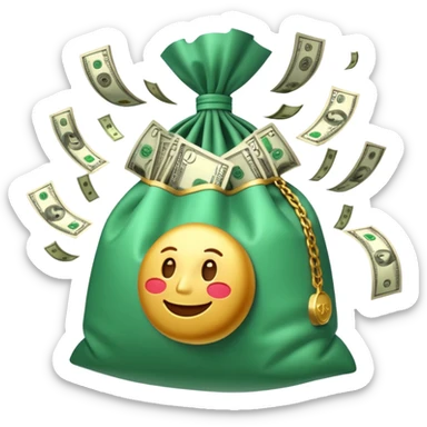 

3D emoji style, big bag of money, flying dollar bills, rich casino vibe, smooth lighting, high detail, clean edges, transparent background



 sticker