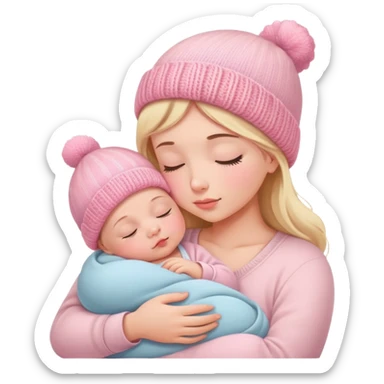 peaceful infant baby sleeping on mother's arm wearing cute pink knitted hat sticker