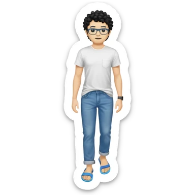 Full body, yellow skinned man with black curly hair, wearing black glasses, white t-shirt, blue jeans, long pants, and flip-flops. sticker