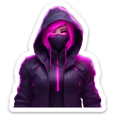 developer behind his laptop with this style : crysis Cyberpunk Valorant neon glowing bright pink girl character dark pink purple black hooded assassin themed character sticker