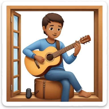 person serenading with guitar under a window sticker