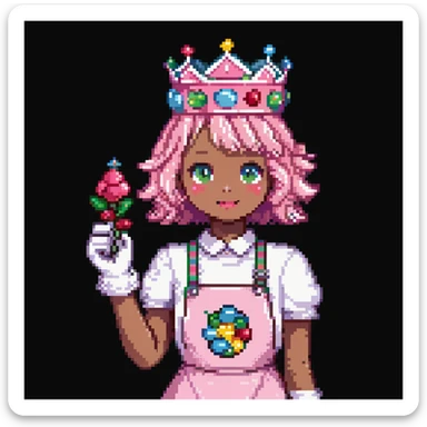 Portrait of a baker dressed in pink candy-themed clothes, gummy bears on his sleeves, rock candy crown, marshmallow gloves, skeuomorphism style sticker