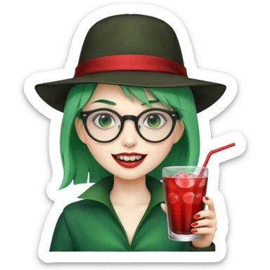 vampire green hair Drink holders with hat, wearing glasses, female,,teeth looks like vampire sticker