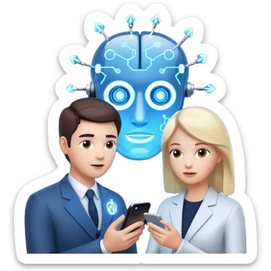 Generate a realistic emoji of a two people using a phone which shows artificial intelligence. Out of the phone is coming 3d ideas and electric symbols  sticker