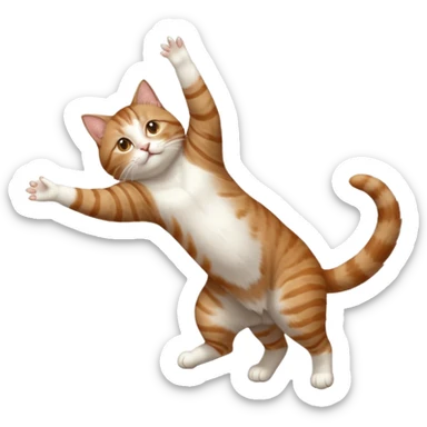 brown tabby and white cat with doing a big extremely long stretch reaching up into the air with arms and legs side by side together straight and overextended whilst lying on its side sticker