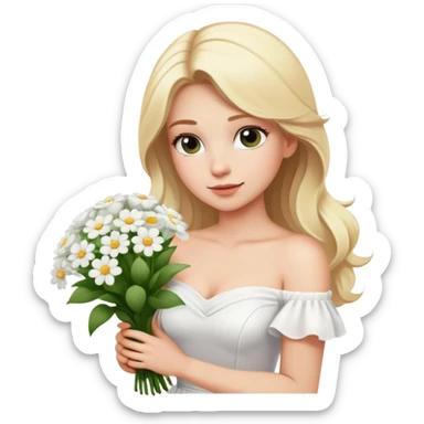 blonde woman in a white off-shoulder dress with a bouquet of white flowers sticker