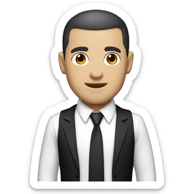 White man with dark hair buzzcut, wearing black suit and tie with white dress shirt  sticker