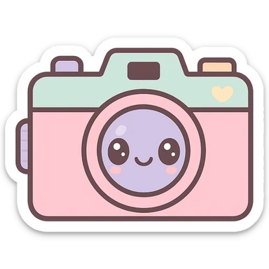cute film camera, kawaii style, big eyes, pastel colors sticker