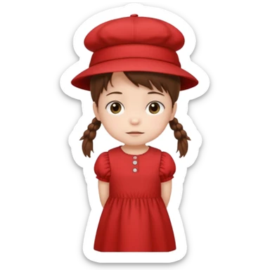 baby girl with brown hair and pigtails with a hat and red dress like My Neighbor Totoro movie sticker