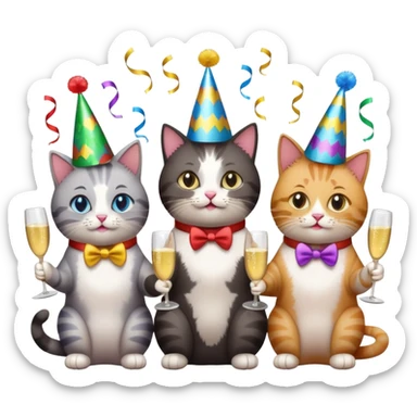 six cats at a 40th birthday party, confetti, streamers, and a big '40' sign, emoji style sticker