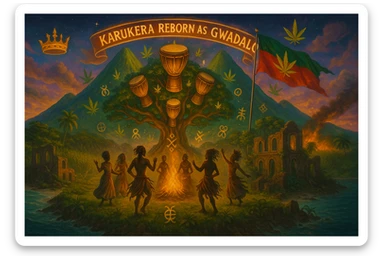 Create a powerful, surreal vision of the Caribbean island Guadeloupe, reimagined as ‘Guadeloupe' — its sacred, sovereign identity restored. The island is lush, tropical, and volcanic, with two green volcanoes glowing golden at the peaks. In the center stands a giant mystical Drum Tree, its branches bearing carved drums instead of fruit, glowing with rhythmic light. Ancestral spirits of African and indigenous lineage dance in a circle around the tree, surrounded by floating ganja leaves and sacred symbols. Sugarcane fields burn gently in the background, symbolizing the end of colonial suffering. Ruins of colonial buildings crumble into the earth, reclaimed by vines and jungle. Above the island, a glowing banner in the sky reads: ‘Karukera reborn as Gwadaloo.’ A ganja-leaf flag waves high in red, green, and gold, and a golden Creole crown floats in the sky above the island — not worn by any man, but held in rhythm. The ocean is turquoise, the light is divine, and the entire scene radiates spiritual victory, cultural remembrance, and cosmic rhythm. Use a warm, cinematic palette of golds, greens, blues, and purples. Style should feel epic, sacred, and symbolic — a rebirth of Caribbean power. sticker