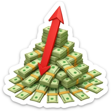 a pile of money with red arrow up sticker