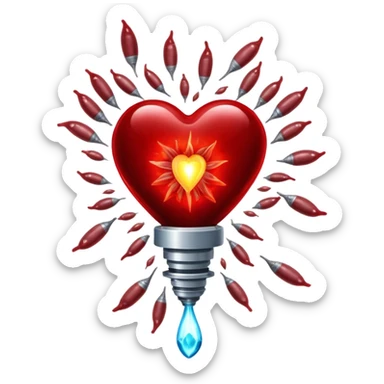 Glowing pieces of liver, red meat, and sardines floating around a red blood cell that shines brightly like a torch. Streams of light connect the blood cell to a heart and muscles, showing how heme iron creates energy and vitality throughout the body. sticker