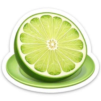 whole lime smooth shiny green skin slightly oval dimpled lime wedge cross-section nearby showing pale green interior segments no leaves plate soft lighting emoji scale sticker