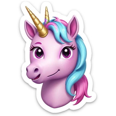 Cinematic Comical Unicorn Pony Portrait Emoji, Head tilted dramatically with an exaggeratedly amused expression, featuring a compact, magically adorned form with a sparkling tiny horn, wide, comically expressive eyes full of playful disbelief, and a subtly animated mane, Simplified yet hilariously expressive features, highly detailed, glowing with a slightly sassy pastel glow, high shine, dramatic yet playful, stylized with an air of cheeky magical mischief, soft glowing outline, capturing the essence of a meme-worthy unicorn pony that looks ready to trot its way into viral fame! sticker