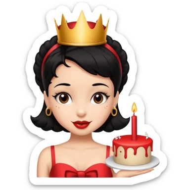 Do not change the face I already created, I want her with Betty boop face and black hair saying happy birthday  sticker
