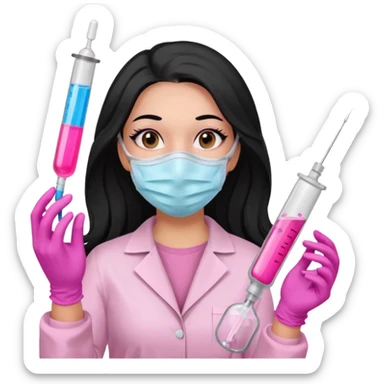 laboratorista con guantes rosa y mascarilla rosa  jeringa tubo laboratorio sin lentes  y  ojos negro cabello largo negro sticker