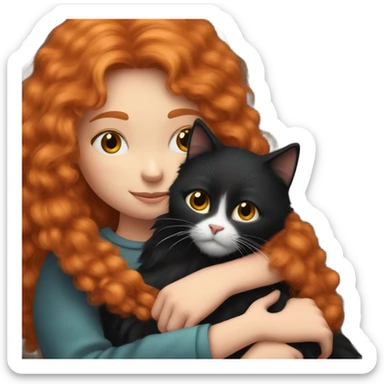 Long haired Ginger girl cuddling with black fluffy cat sticker