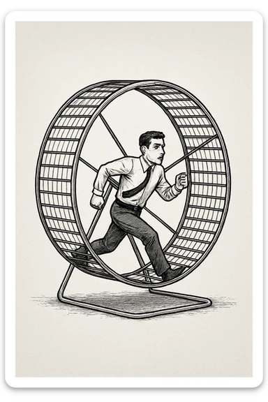 uomo che corre dentro la ruota del criceto come un circolo vizioso sticker