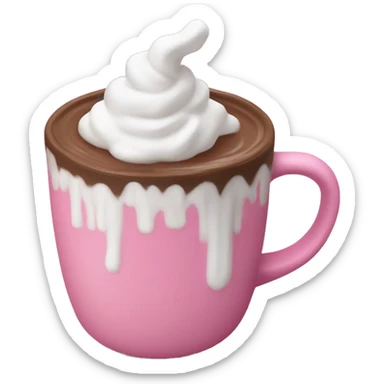 hot cocoa in a pink mug with whipped cream and marshmallow sticker