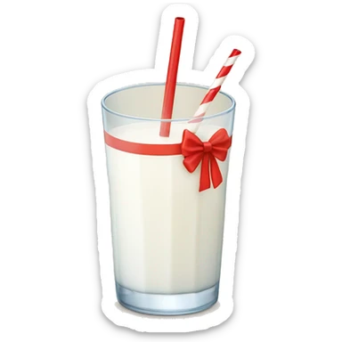 Glass of milk with a straw and a red bow on the straw sticker