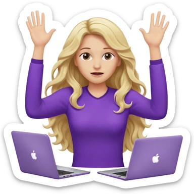 lady with long blonde wavy hair, purple top throwing her with a laptop looking exhausted sticker