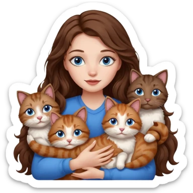 girl with long wavy brown hair, blue eyes, long lashes makeup, cuddling with 6 cats sticker