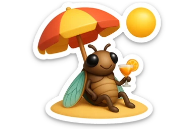 EMOJI STILE IPHONE 3D DI UNA CICALA CHE STA RILASSATA SEDUTA SOTTO L'OMBRELLONE IN SPIAGGIA CON UN COCKTAIL IN MANO sticker