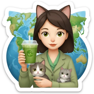 a brunette woman in here 30S drinking an iced matcha, carrying a grey cat and a map of the world sticker