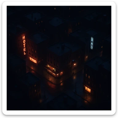 Realistic top-down view of a night city, all in shadow, only establishments glowing, dark and moody, cinematic style sticker