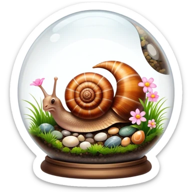 Close-up of large home snails inside a terrarium, showcasing their soft, spiral shells and glistening bodies, with a gentle light highlighting their details. With stones and grass and flowers. Transparent background. sticker