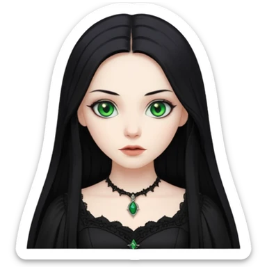 long black hair, green eyes, pale skin, a Gothic dress sticker