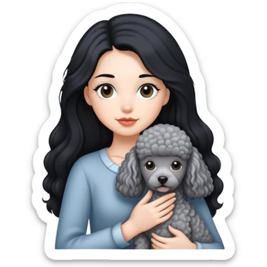A girl with long black hair holding a gray poodle sticker