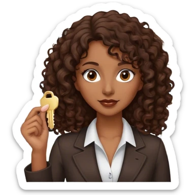 Dark brown lady with medium brown mid length curly hair in real estate job with house and keys sticker