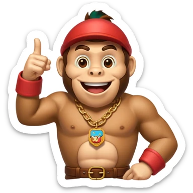 Can you create a humorous donkey kong emoji that sarcasticly points to an extra large role tag of "CTO" pinned on the chest of donkey kong.
should look excessively proud with broad smile sticker