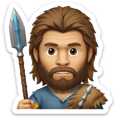 monkey-like Neanderthal, human face, long hair and beard, fullbody, holding a spear sticker