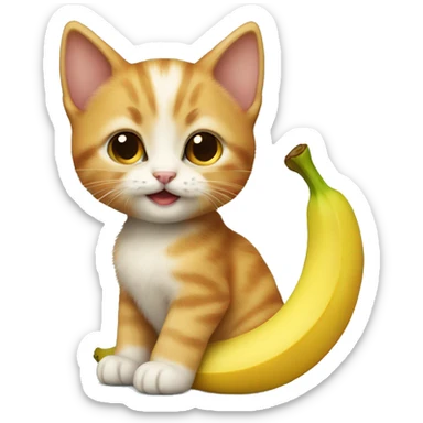 A small very cute kitten with ginger fur holding a huge banana. sticker