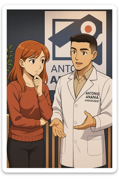 su questo stile fai un manga/webtoon a colori in cui una donna SI TOCCA IL MENTO CON L'INDICE MENTRE ASCOLTA PENSIEROSA L'UOMO, l'uomo della foto in stile manga LE SPIEGA CHE DEVE PROVARE LA SUA VALUTAZIONE MEDICA, mantieni un ambiente simile alla foto che ho allegato con il suo logo (sarebbe il suo studio, lui è un kinesiologo), scrivigli "ANTONIO ANANIA" sul camice bianco, non mettere fumetti, ma fai in modo che sembri che la donna ASCOLTI l'uomo sticker