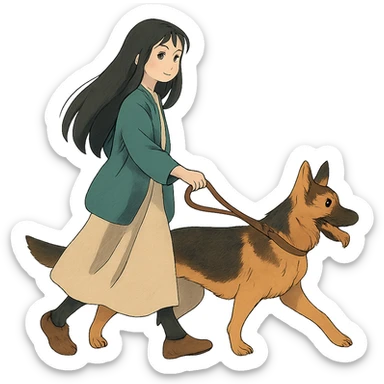 ghibli style girl with long black hair walking a German Shepherd sticker