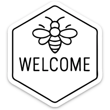 Welcome tag with buzzing bee, hexagon shape, 'WELCOME' text sticker