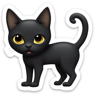 Petite, solid black cat with sleek short fur, light yellow eyes, and small black tufts of long at the very tips of her ears, blending in with her black fur. Full body, no white markings sticker