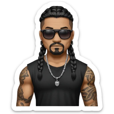 Samoan male. Classic goatee.
Untucked loose fitting black t-shirt. 
long black braided hair.
very muscular.
Even More tattoos. 
Tough and menacing.
Dark black square sunglasses. sticker