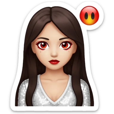 Bloody Mary with light skin, long dark brown hair, red eye, white sequin outfit sticker