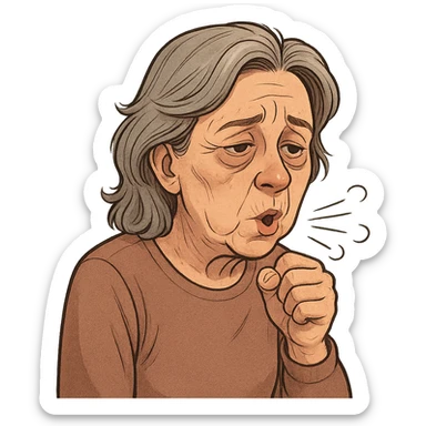 60 year old woman with bags under her eyes, coughing, realistic cartoon style sticker